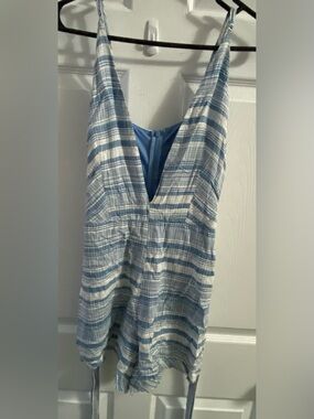 Blue and White Striped plunge neck line Women's Romper